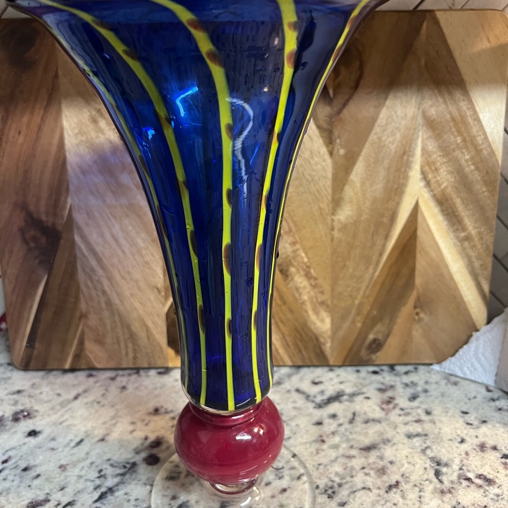 vtg hand blown Venetian trumpet tall art glass vase 14.5'' yellow striped